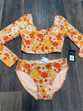 Target Girls' Floral Long-Sleeve Bikini Set in Orange, Yellow and Cream
